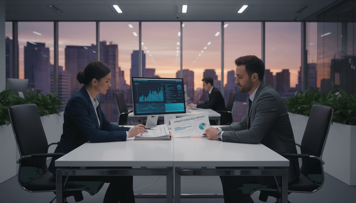 Professional consultant reviewing business documents with a client in a modern office setting