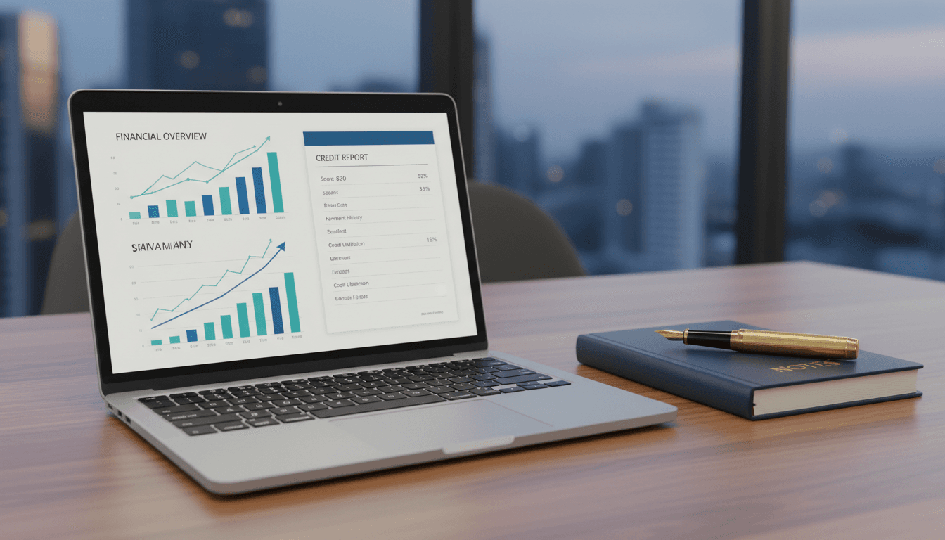 Laptop displaying business credit data and a notebook with handwritten strategy notes