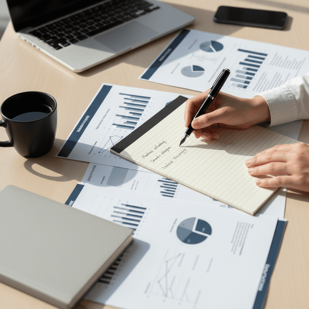 Business consultant reviewing documents at a desk with a coffee cup nearby