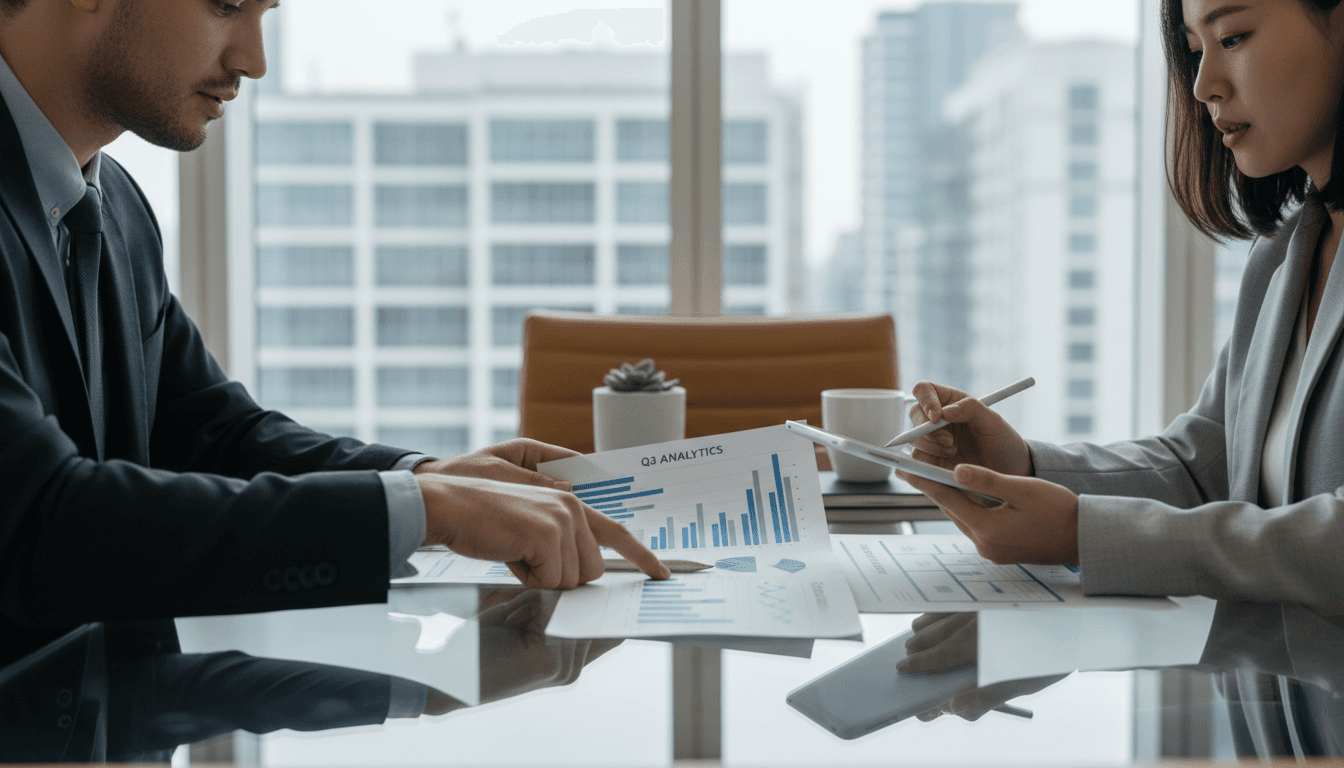 Professional business consultant having a strategic discussion at a modern desk with warm lighting