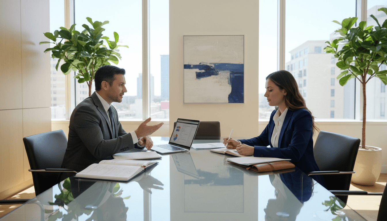 Professional business consultant in modern office having phone conversation with entrepreneur