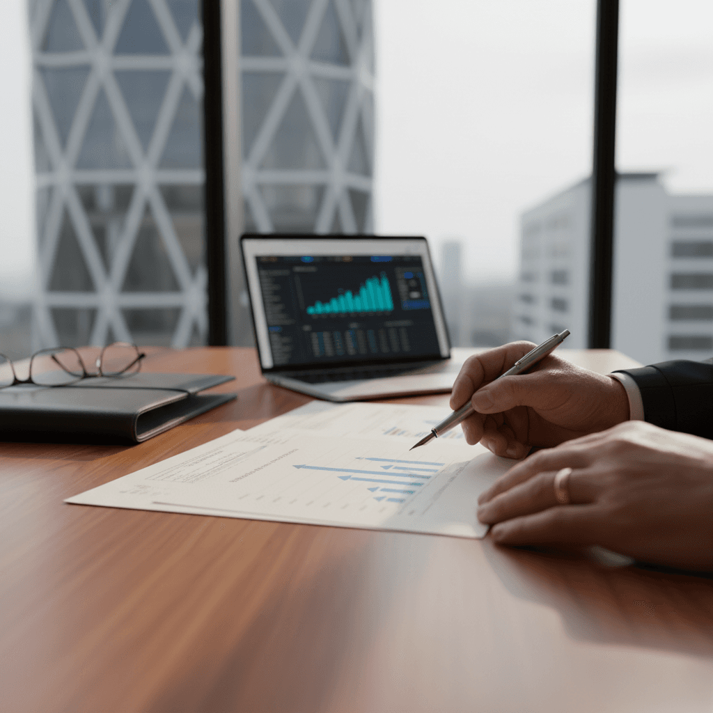 Advisor's hands reviewing financial documents and growth charts on a wooden desk with natural window light